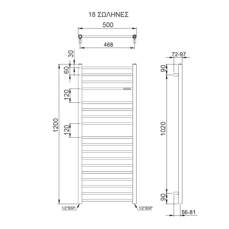 Θερμαινόμενη πετσετοκρεμάστρα – Thermo Bellavia BEL12050-110 Inox Polished 50x120cm Kcal/h: 321