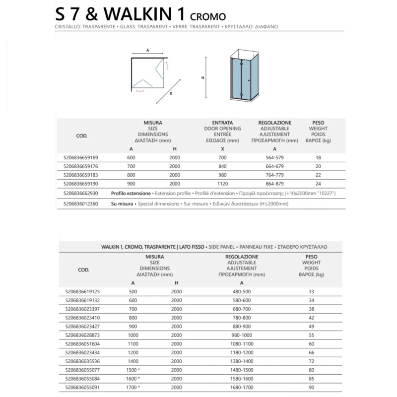 Καμπίνα Γωνιακή Χρωμέ με 1 Σπαστή Πόρτα & 1 Σταθερό Karag S7 & Walkin 1 Cromo (σε 48 Διαστάσεις με Ύψος 200cm)