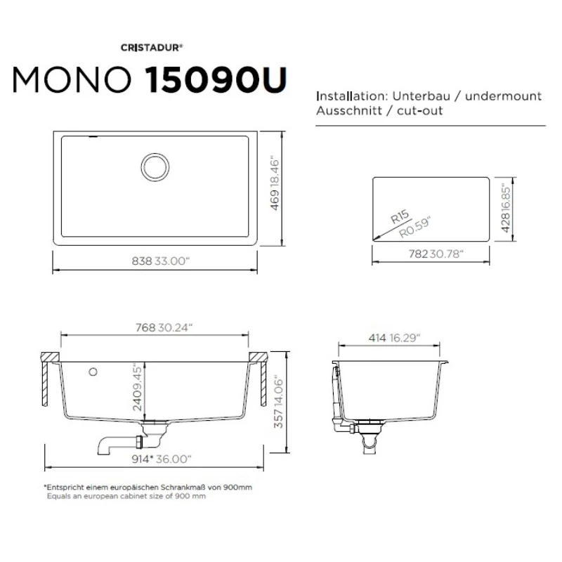 Νεροχύτης Υποκαθήμενος Schock Cristadur Mono 15090U-1302 Polaris (83,8X46,9cm)