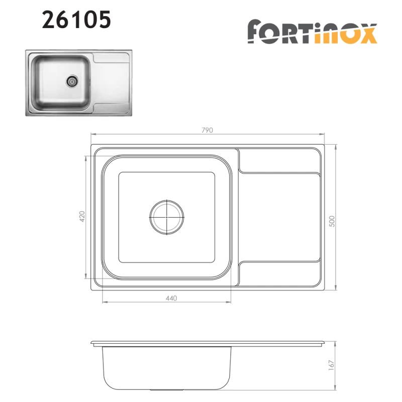 Νεροχύτης Ανοξείδωτος Fortinox Valley 26105-110 (79x50) Satin Λείο