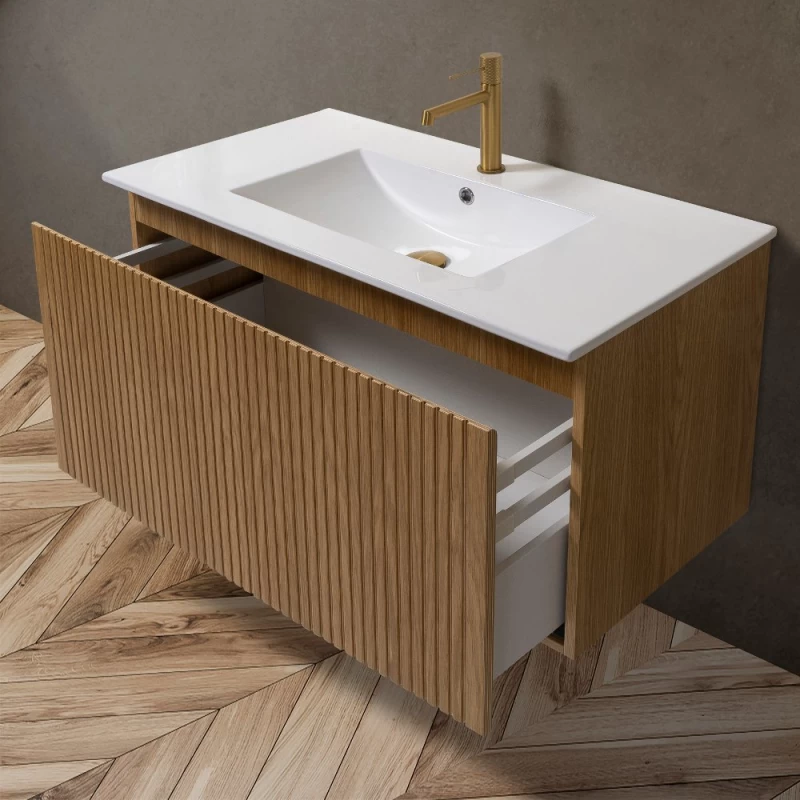 Έπιπλο Κόντρα Πλακέ με 1 Συρτάρι Push & Νιπτήρα Corian Natural Oak (60.5x46.5cm)