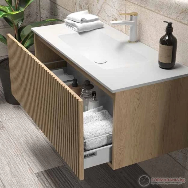 Έπιπλο Κόντρα Πλακέ με 1 Συρτάρι Push & Νιπτήρα Corian Natural Oak (60.5x46.5cm)