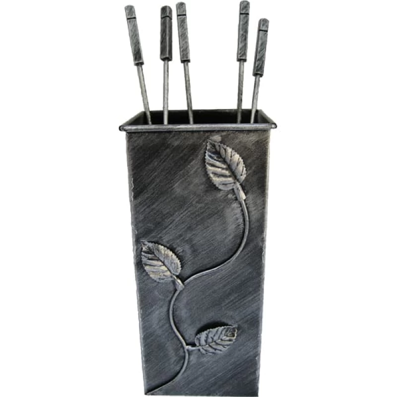 Κουβάς με 4 Εργαλεία Τζακιού Φύλλα σειρά 20-075 Ασημί Πατίνα (18x36cm)