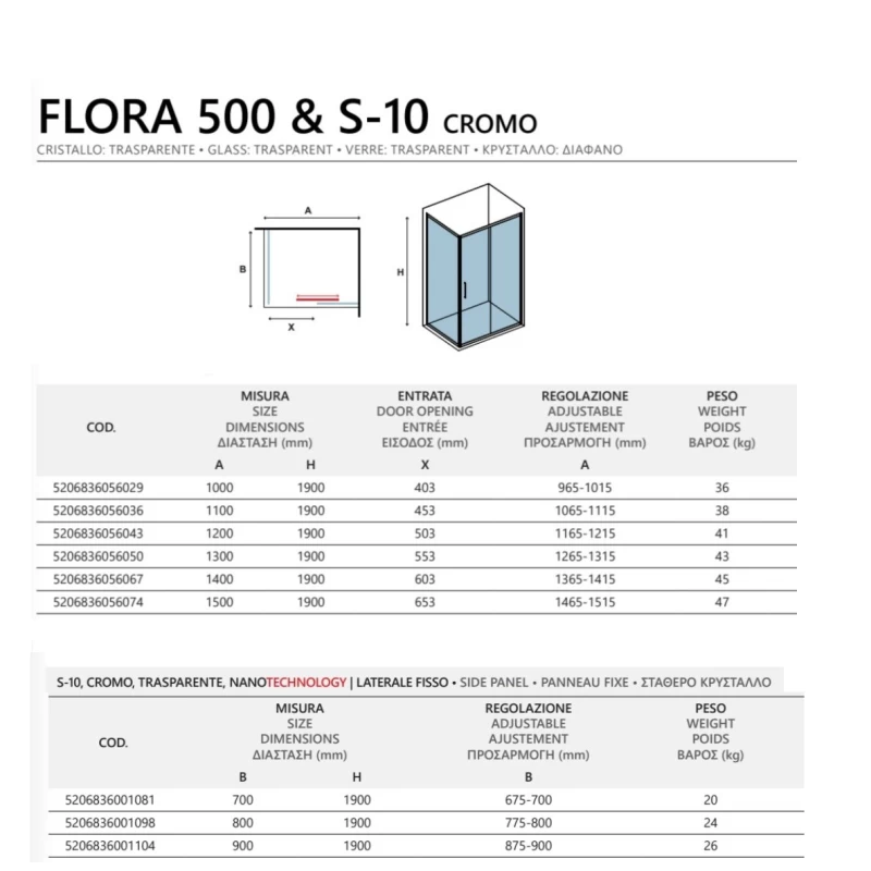 Καμπίνα Γωνιακή Karag Χρωμέ με 1 Συρόμενη Πόρτα & 1 Σταθερό σειρά Flora 500 Cromo & S-10 Διάφανο (σε 18 διαστάσεις με Ύψος 190cm)