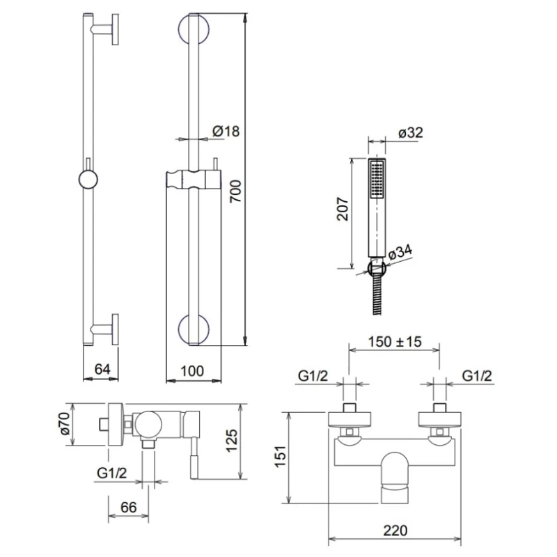 Μπαταρία Ντουζιέρας με Βέργα La Torre New Tech 12061-100 Χρώμιο