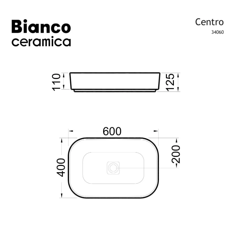 Νιπτήρας Επικαθήμενος Bianco Ceramica Centro 34060-401 Ματ Μαύρο (60x40cm)