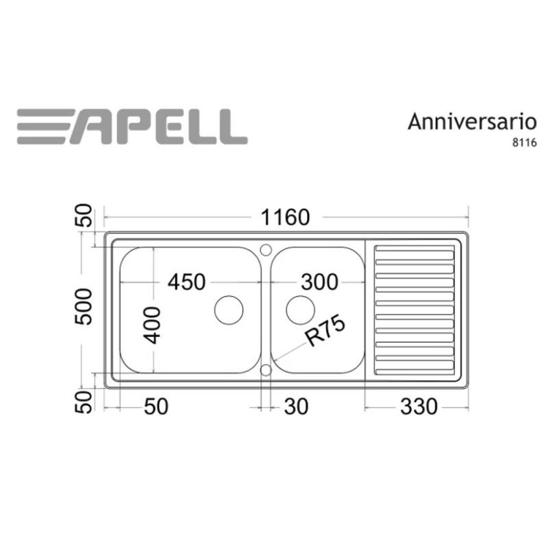 Νεροχύτης Ανοξείδωτος Apell Anniversario 8116-110 (116x50) Λείος