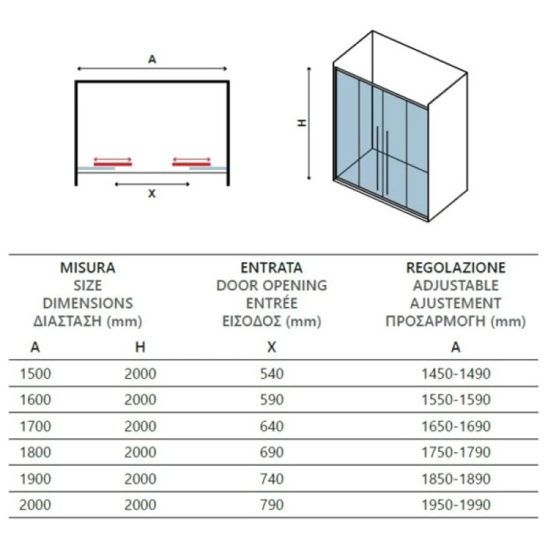 Καμπίνα Τοίχο Τοίχο Karag με 2 Συρόμενες Πόρτες & 2 Σταθερές σειρά Elysium 600 Χρωμέ (από 150cm έως 200cm με Ύψος 200cm)