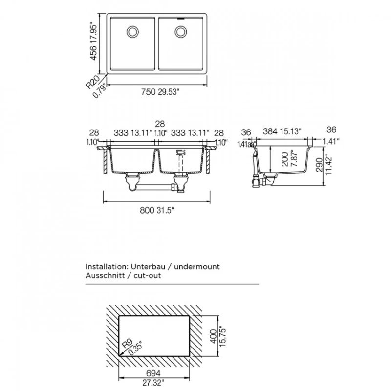 Νεροχύτης Υποκαθήμενος Schock Cristalite Manhattan 30290U-1451 Concrete Beton (75x45.6cm)